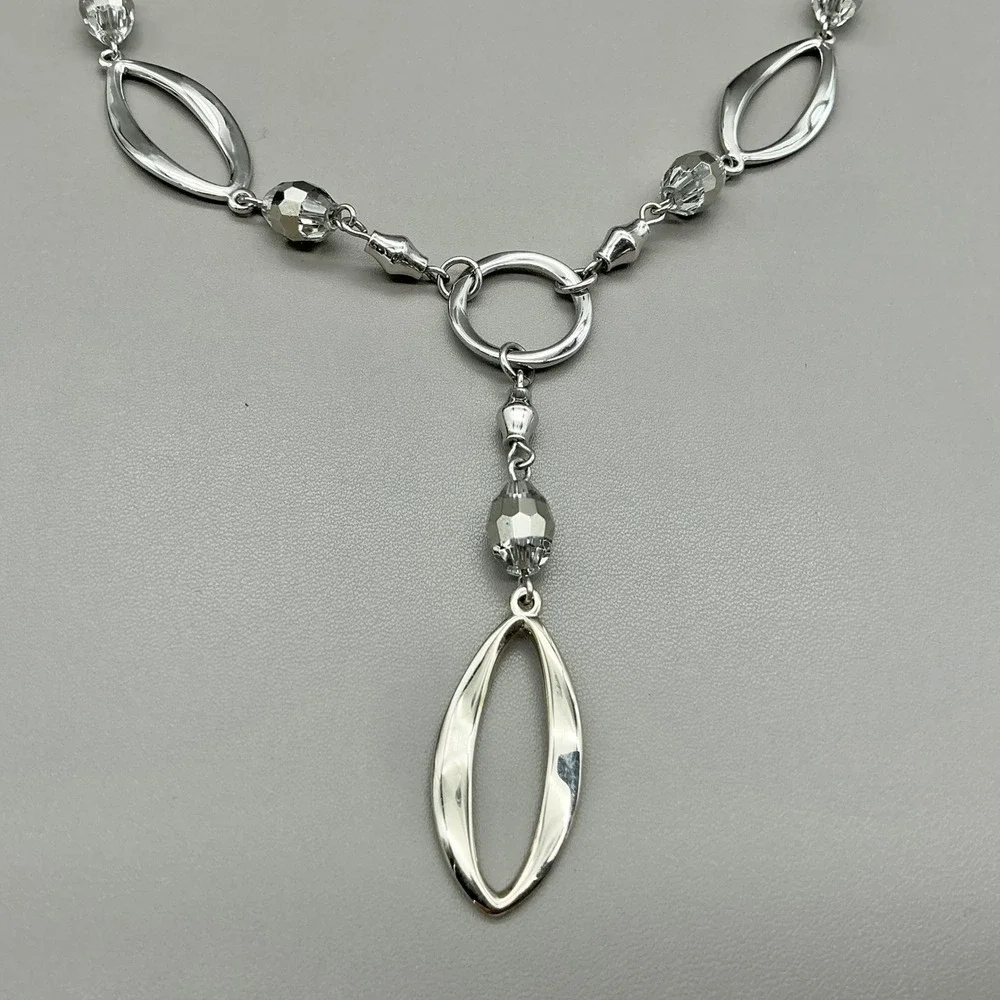 Lia Sophia Necklace Silver Tone Y Necklace Gray Faceted Beads Adjustable